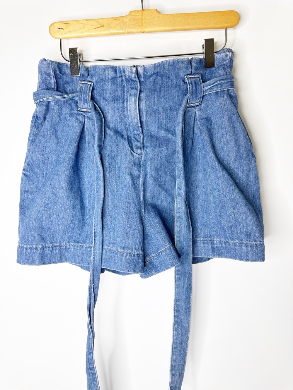 L’Agence High-Rise Paperbag Denim Shorts with Self-Tie Belt - Blue Size 26